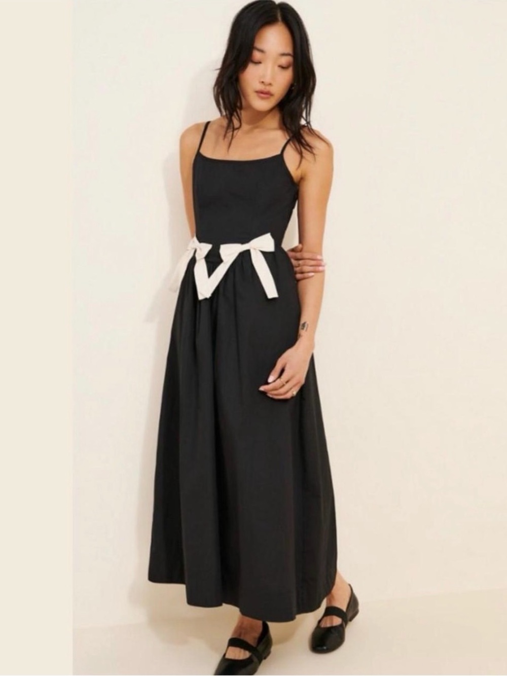 NWT Nordstrom Black Maxi Dress with Cream Waist Bow